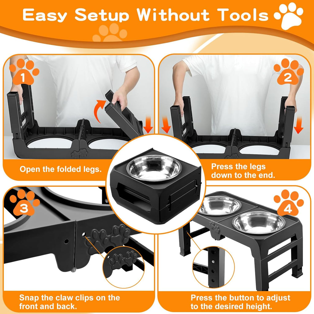 Elevated Dog Bowls for Large Dogs 5 Adjustable Heights 7.5"-15.4", 2 X-Large 10” Stainless Steel Bowls, Heavy Duty