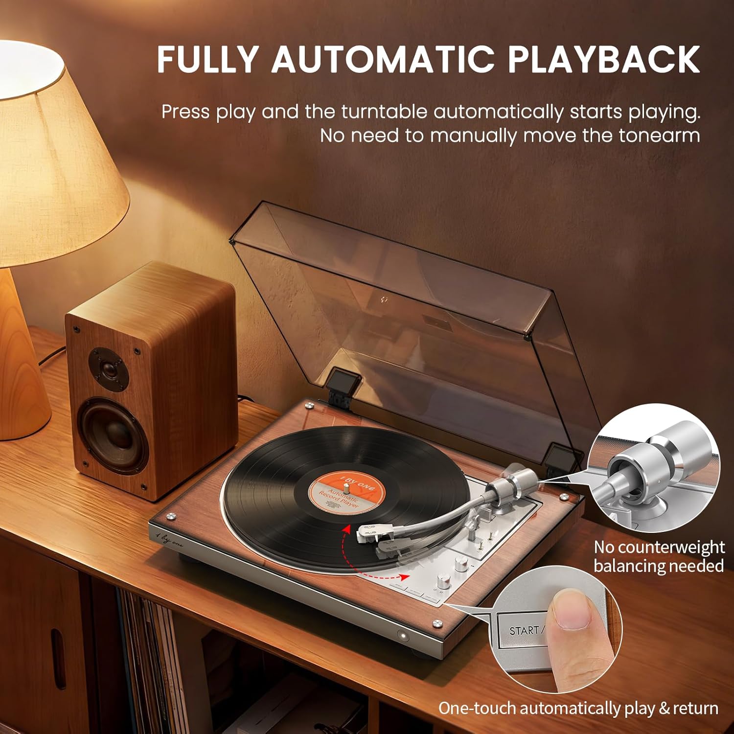 1 BY ONE Fully Automatic Belt-Drive Turntable, Wireless Vinyl Record Player | Automatic Repeat Function, Remote