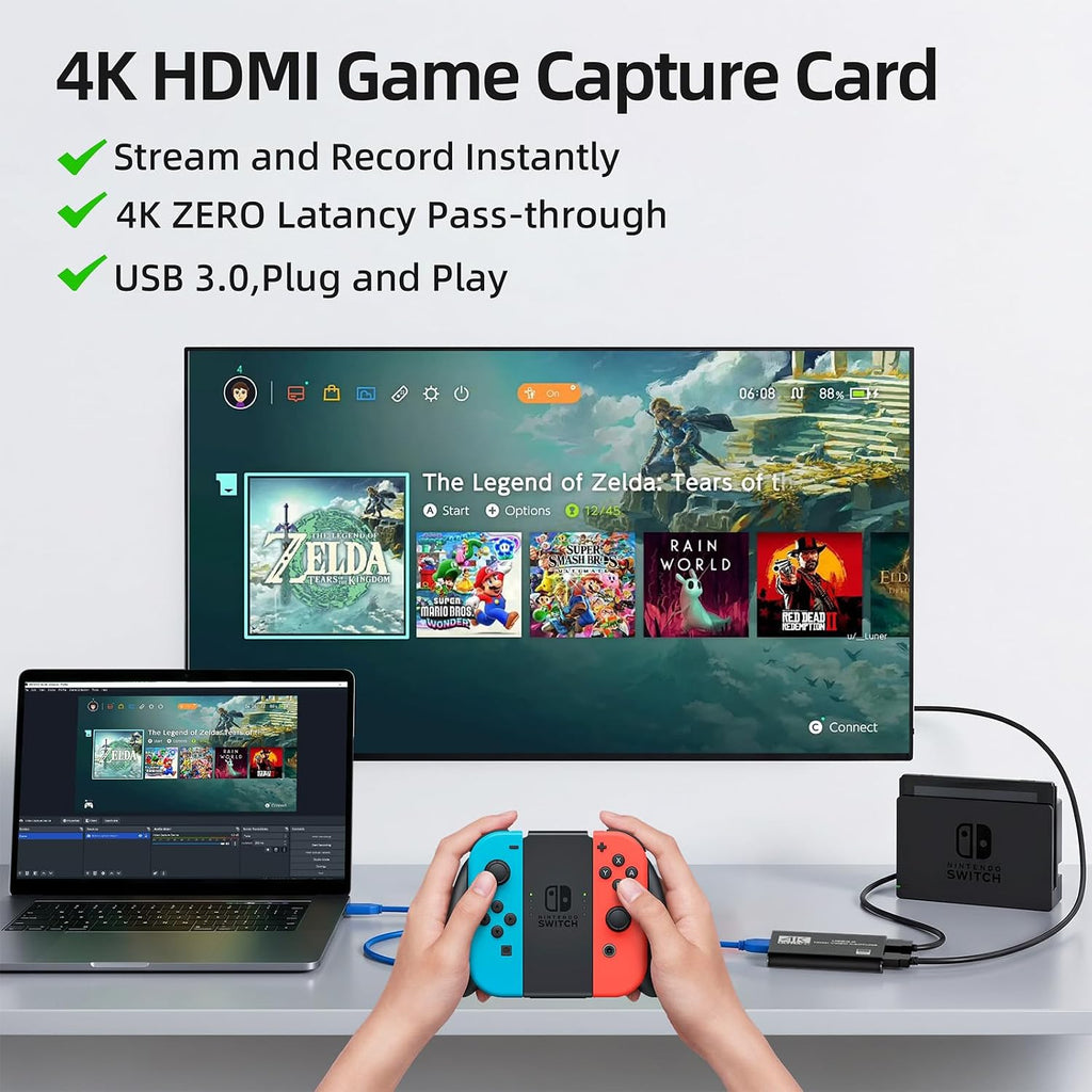 4K HDMI Capture Card for Streaming, Full HD 1080P 60FPS USB 3.0 Cam Link Game Audio Video Capture Card, Work with