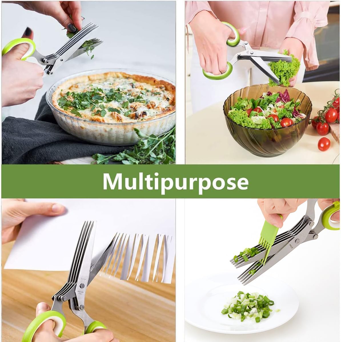Herb Scissors, X-Chef Multipurpose 5 Blade Kitchen Herb Shears Herb Cutter with Safety Cover and Cleaning Comb for