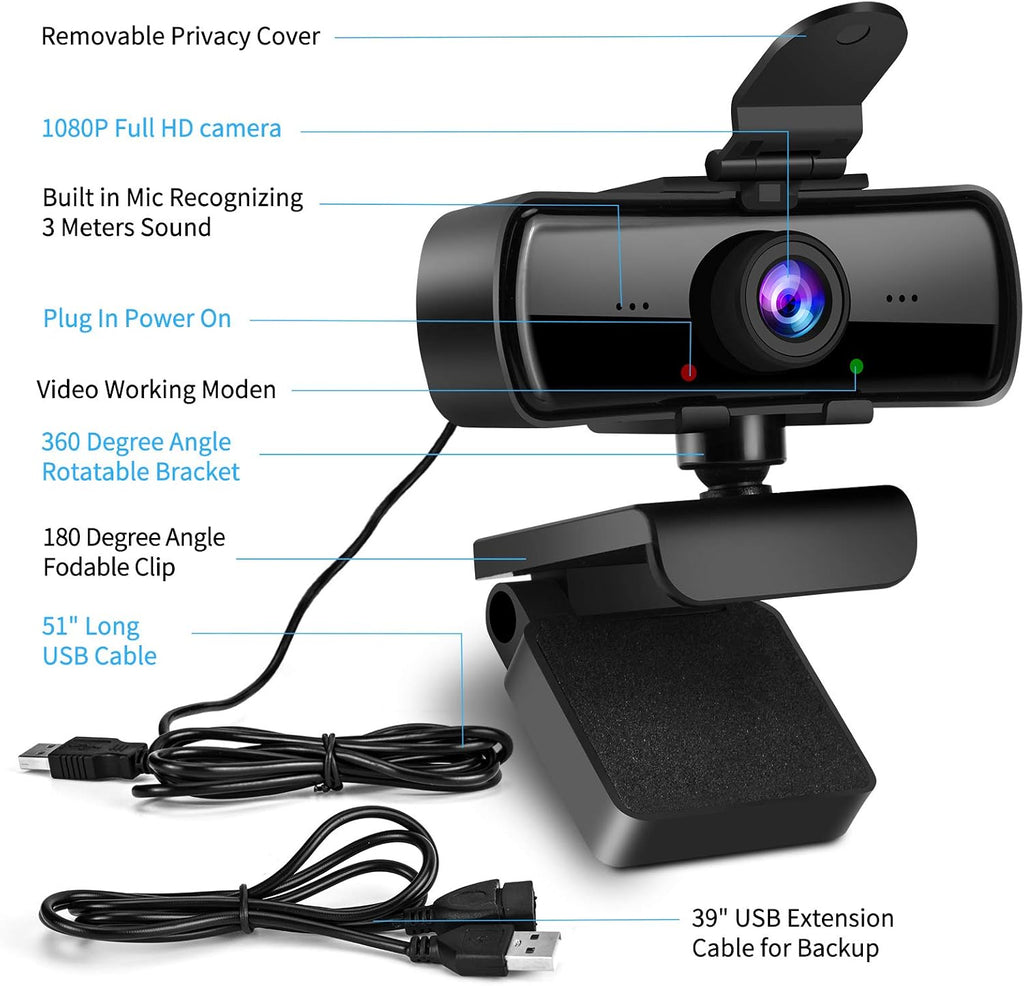 1080P HD Webcam with Microphone and Privacy Cover, USB Plug & Play Computer Camera, 120° Wide Angle Fixed Focus Web