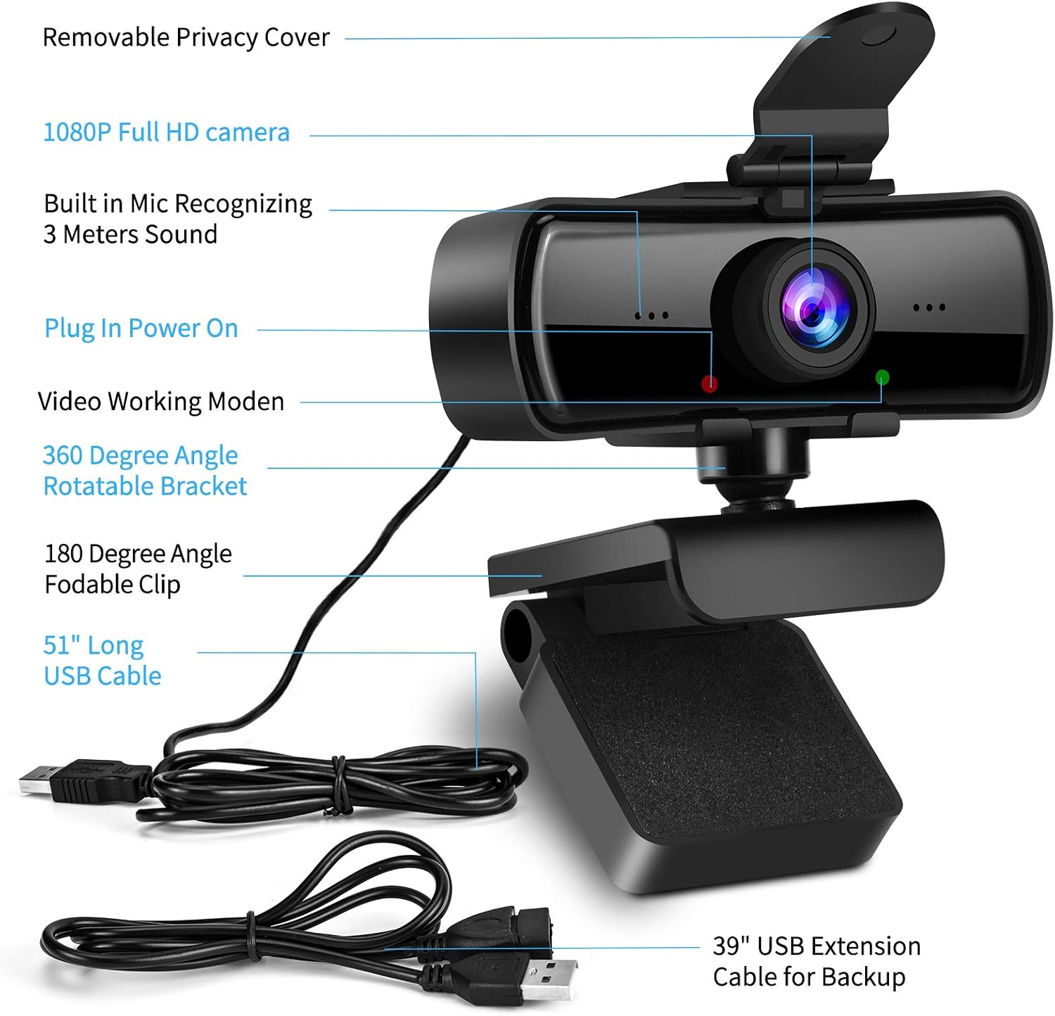 1080P HD Webcam with Microphone and Privacy Cover, USB Plug & Play Computer Camera, 120° Wide Angle Fixed Focus Web