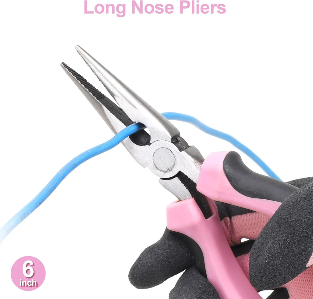 5-Piece Pink Utility Pliers Set with Storage Bag, Includes Groove Joint, Diagonal, Long Nose, Slip Joint Pliers and