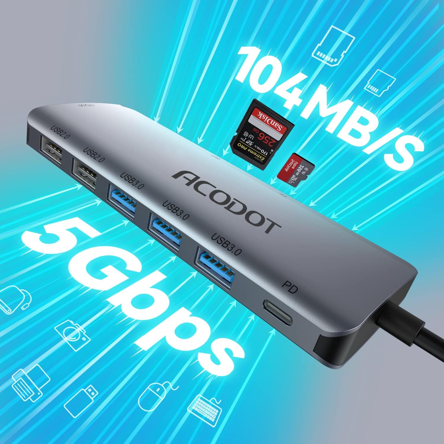 USB C Hub, Acodot 9 in 1 USB C to 4K@60HZ HDMI Multiport Adapter, 3 USB 3.0 Ports, SD/TF Card Reader, 100W PD