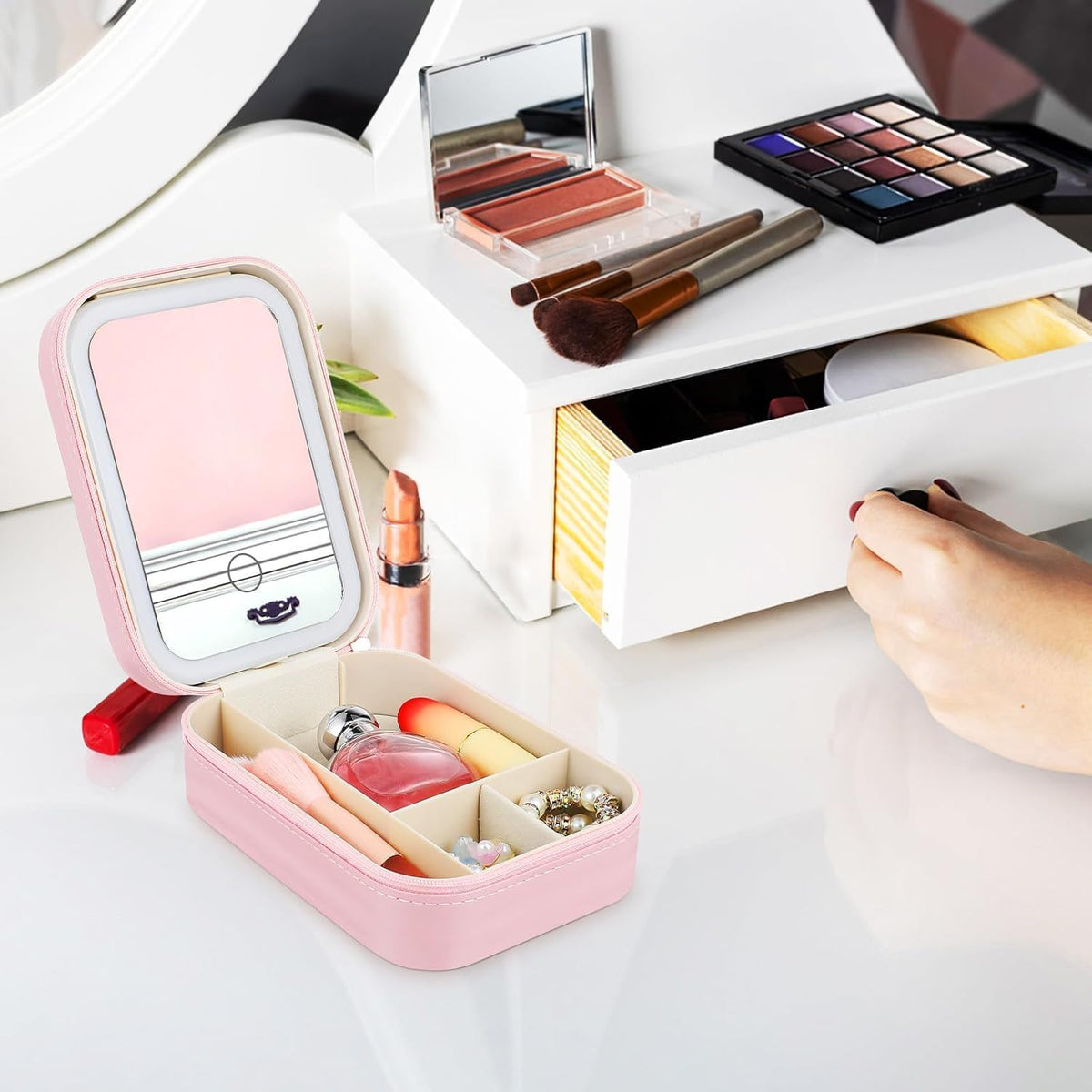 Adjustable Brightness Travel Makeup Case with LED Lighted Mirror Compact Small Organizer Bag with Divided Storage for