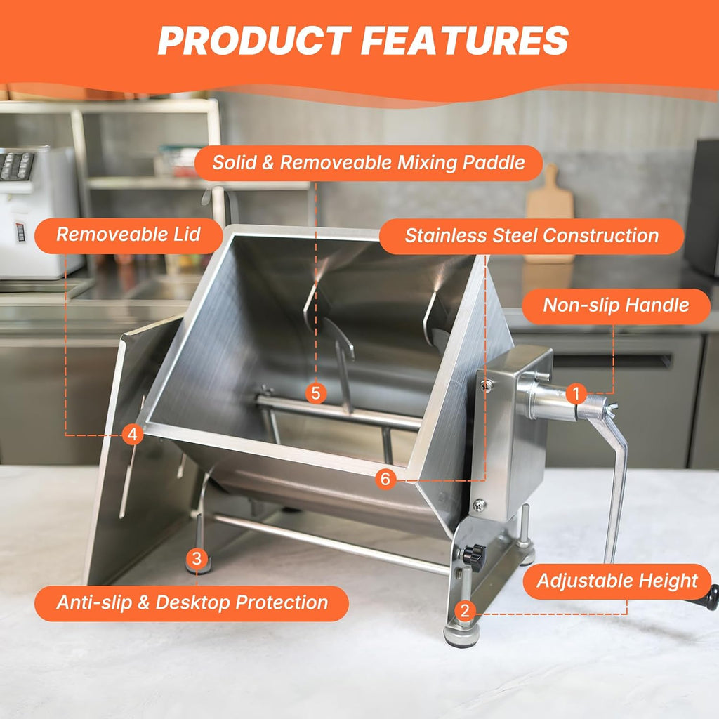 Hakka Commerical Meat Mixer, Stainless Steel 10L Tilt Tank Manual Meat Mixer for Sausage (Mixing Max.15lb/7.5L for Meat)