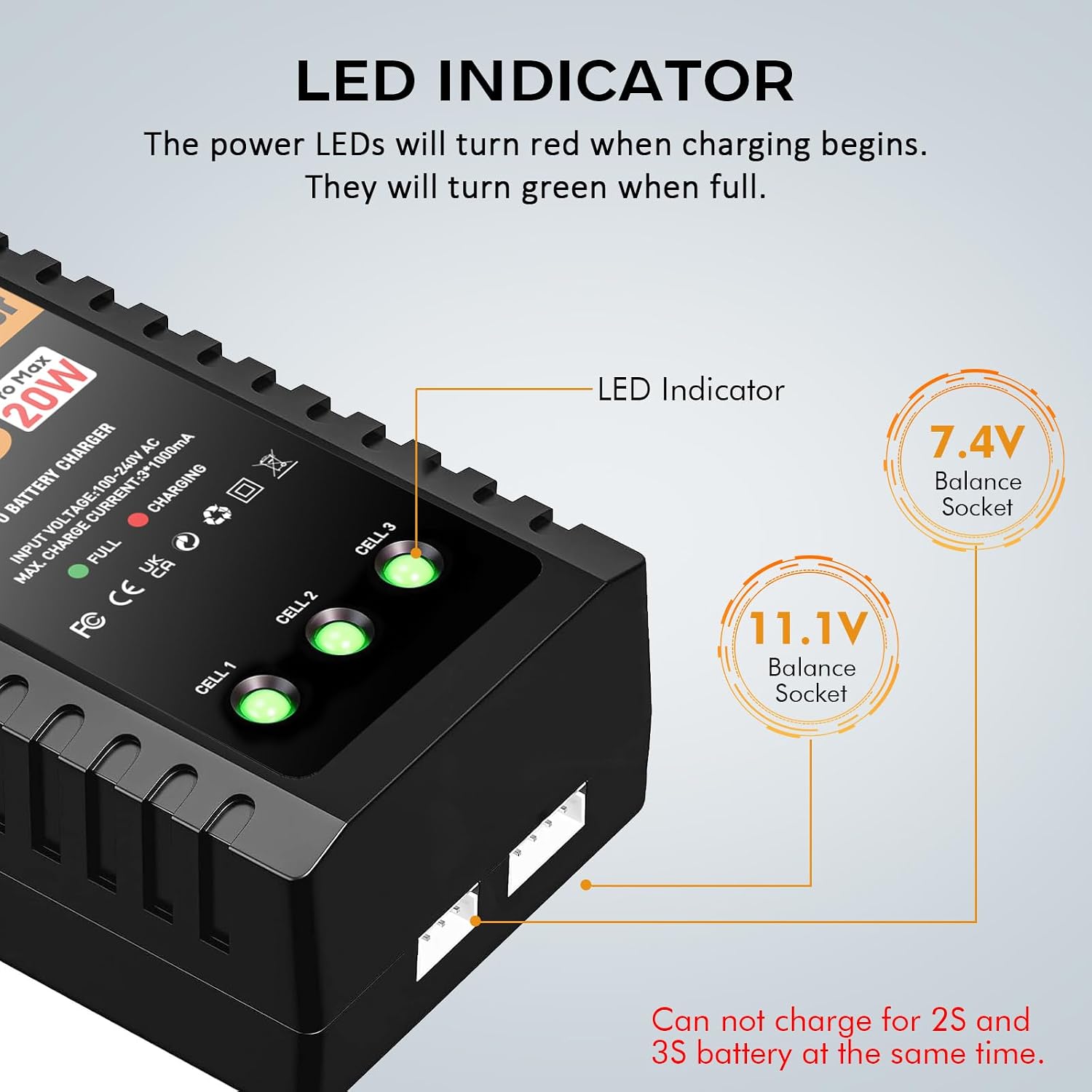 LiPo Charger for 2S-3S(7.4-11.1V) LiPo Battery of RC Toy & Model(Yellow) | LiPo Balance Charger Compact and Light, RC