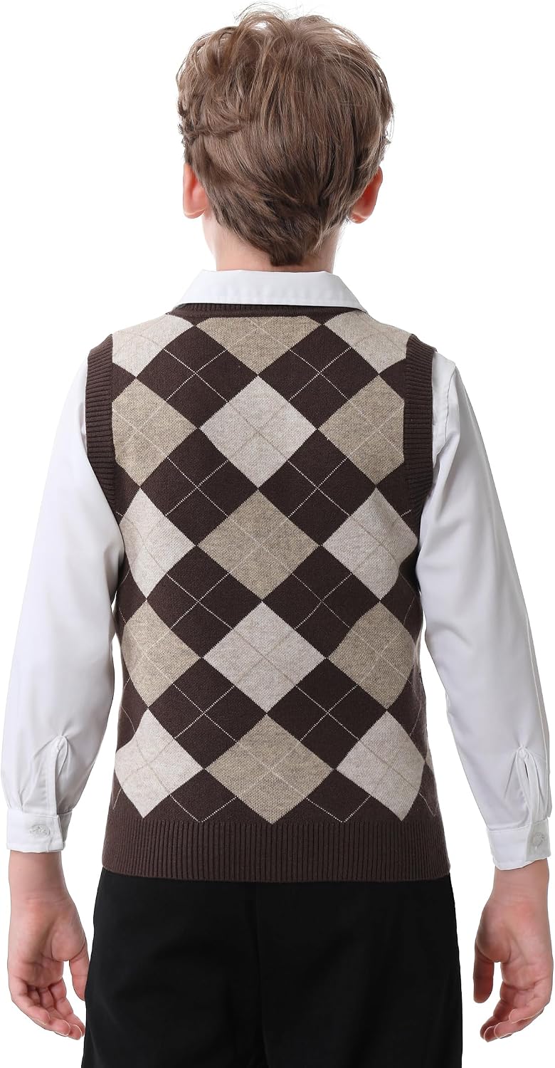 Boys Sweater Vest V Neck Argyle Sleeveless Uniform Knit Plaid Kids Clothes
