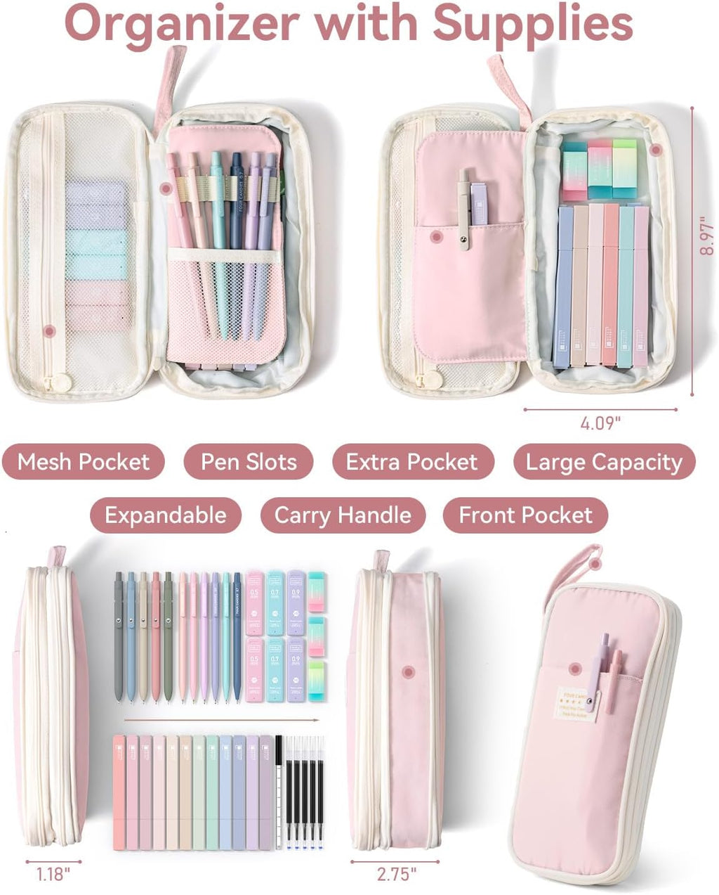 School Supplies with Cute Pen Case, 39ct, Pink | Back to School Stationery Set, Essentials for College & Nursing