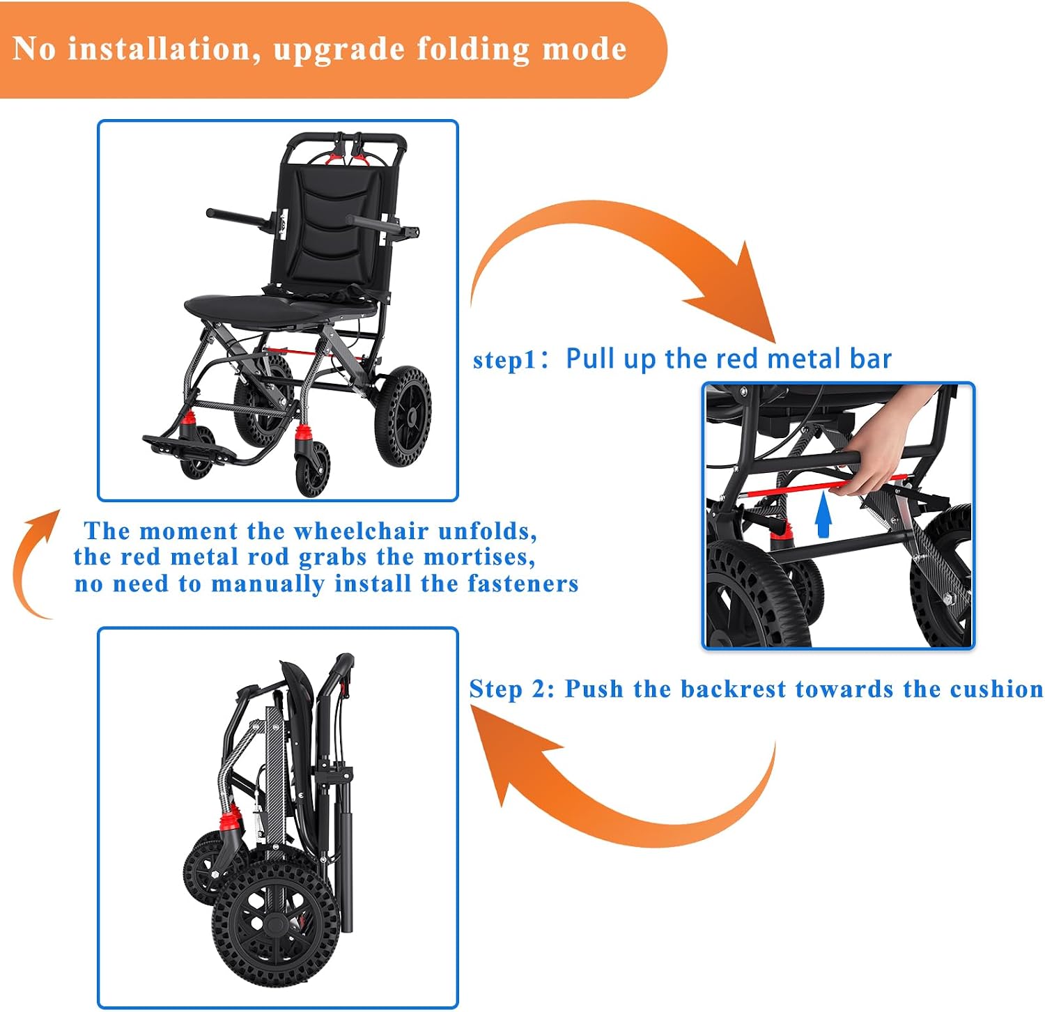 (18" Wide Seat) Lightweight Ergonomic Transport Wheelchair for Seniors and Adults, Portable Foldable Transit Travel