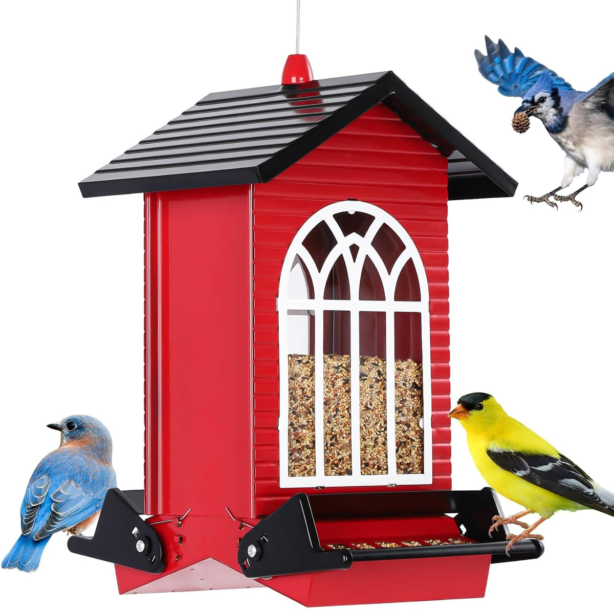 Squirrel Proof Bird Feeder for Outdoors,5LB Large Capacity,Metal Wild Bird Seed Feeder with Bilateral