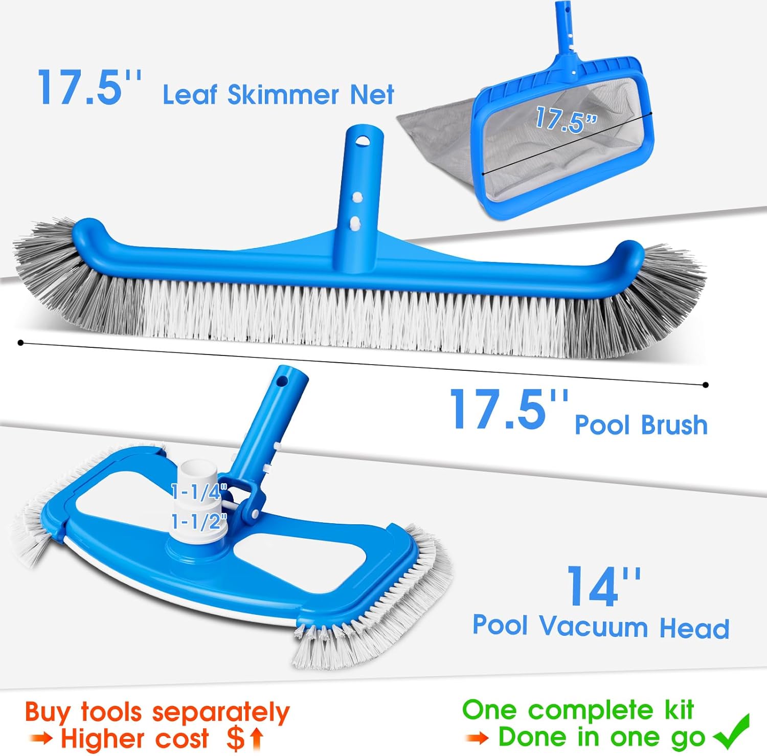 3-in-1 TidyMister Pool Cleaning Kit – Deep Grabber Pool Net, 17.5" Scrub Brush,Weighted Vacuum Head for Leaves, Algae