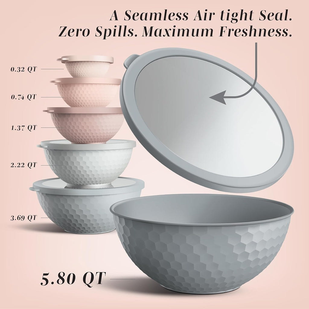 Mixing Bowls with Lids - 12 Piece Plastic Nesting Bowls Set includes 6 Prep Bowls and 6 Lids, Microwave Safe Mixing