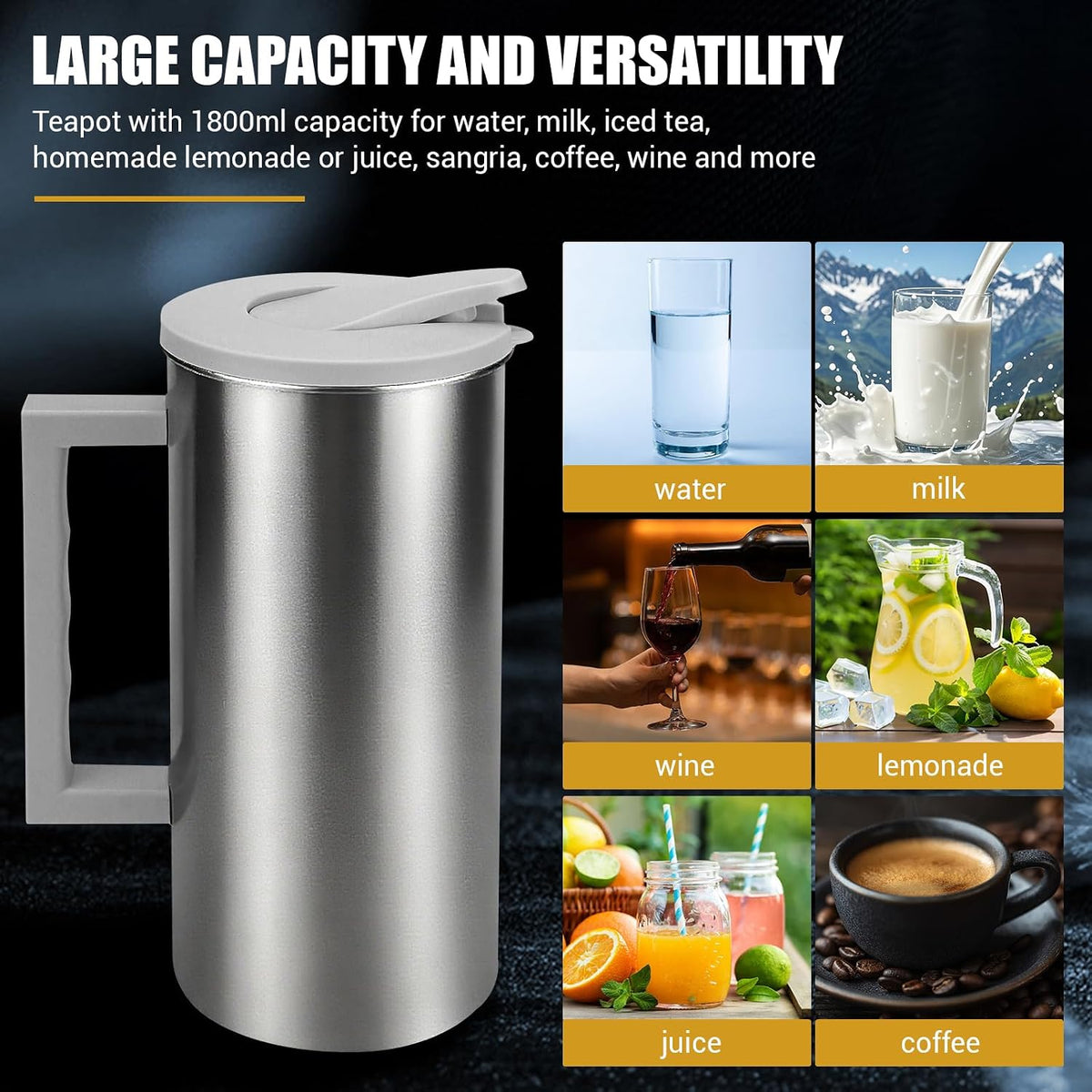 Metal Water Pitcher with Lid,60oz Stainless Steel Juice Container Gray