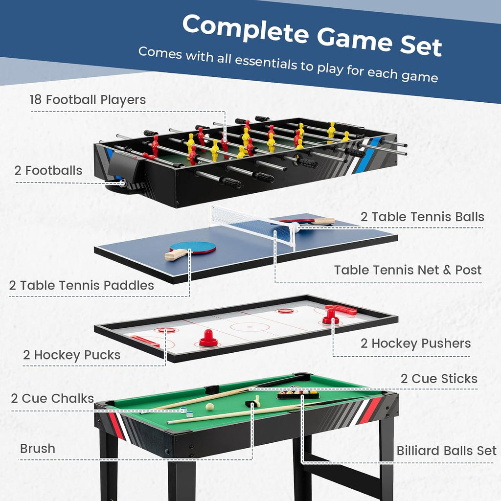 4 in 1 Multi Game Table, 49" Combo Game Table with Foosball Table, Pool Billiards, Air Hockey & Table Tennis for