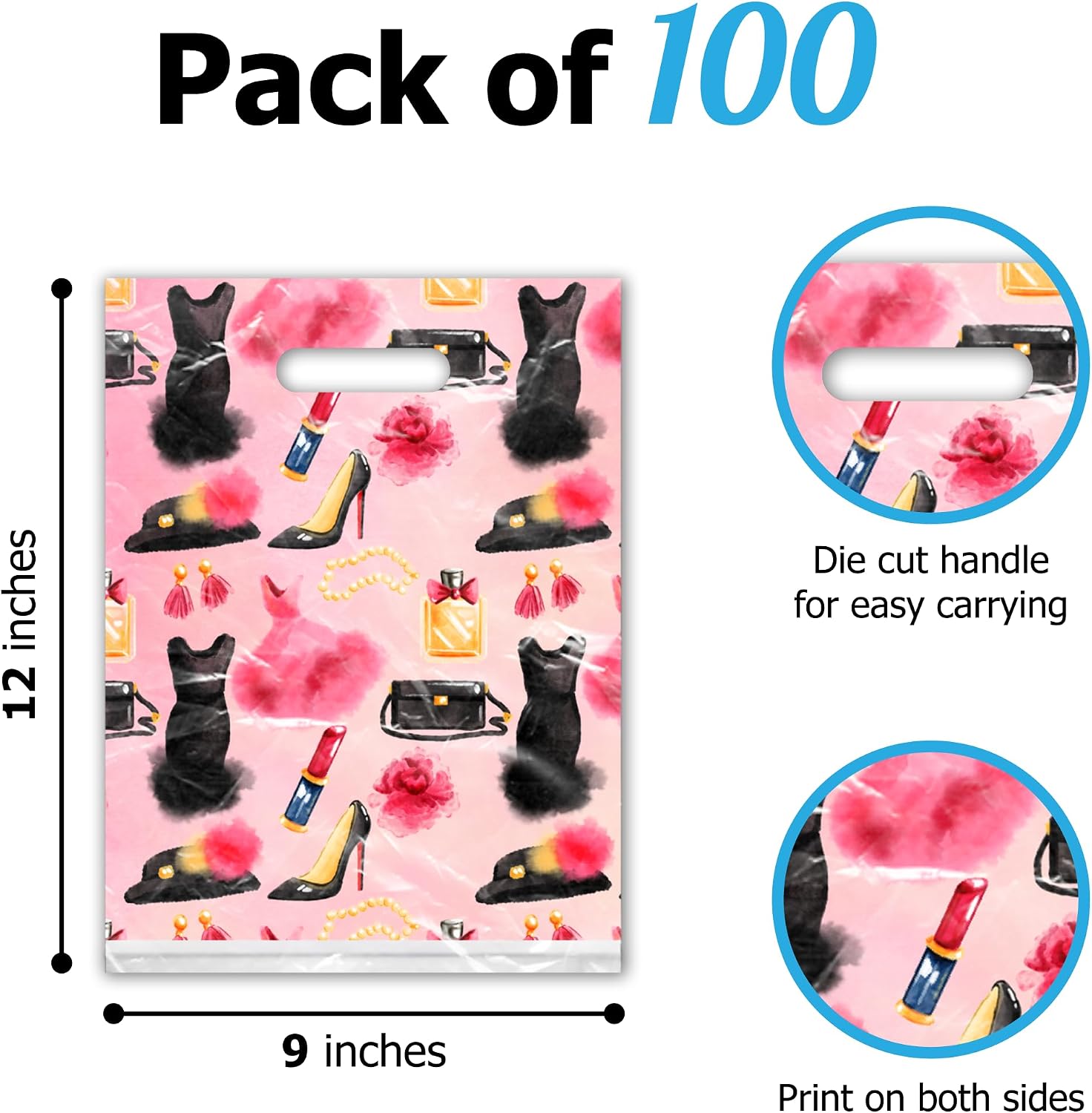 9x12 100 Count Fashion Makeup Boutique Designer Retail Merchandise Bags with Die Cut Handles Premium Printed Shopping