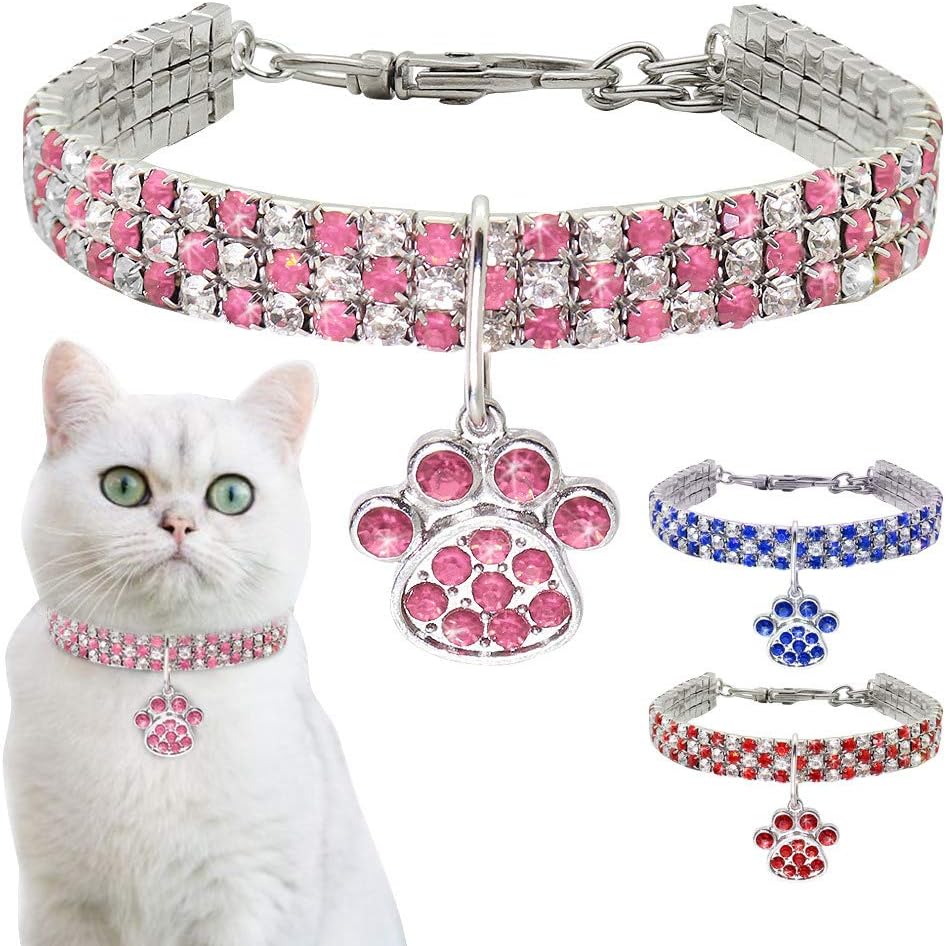 Pet Collar with Diamonds, Adjustable Crystal Diamond Elastic Heart Claw Pendant Wedding cat and Dog Small pet