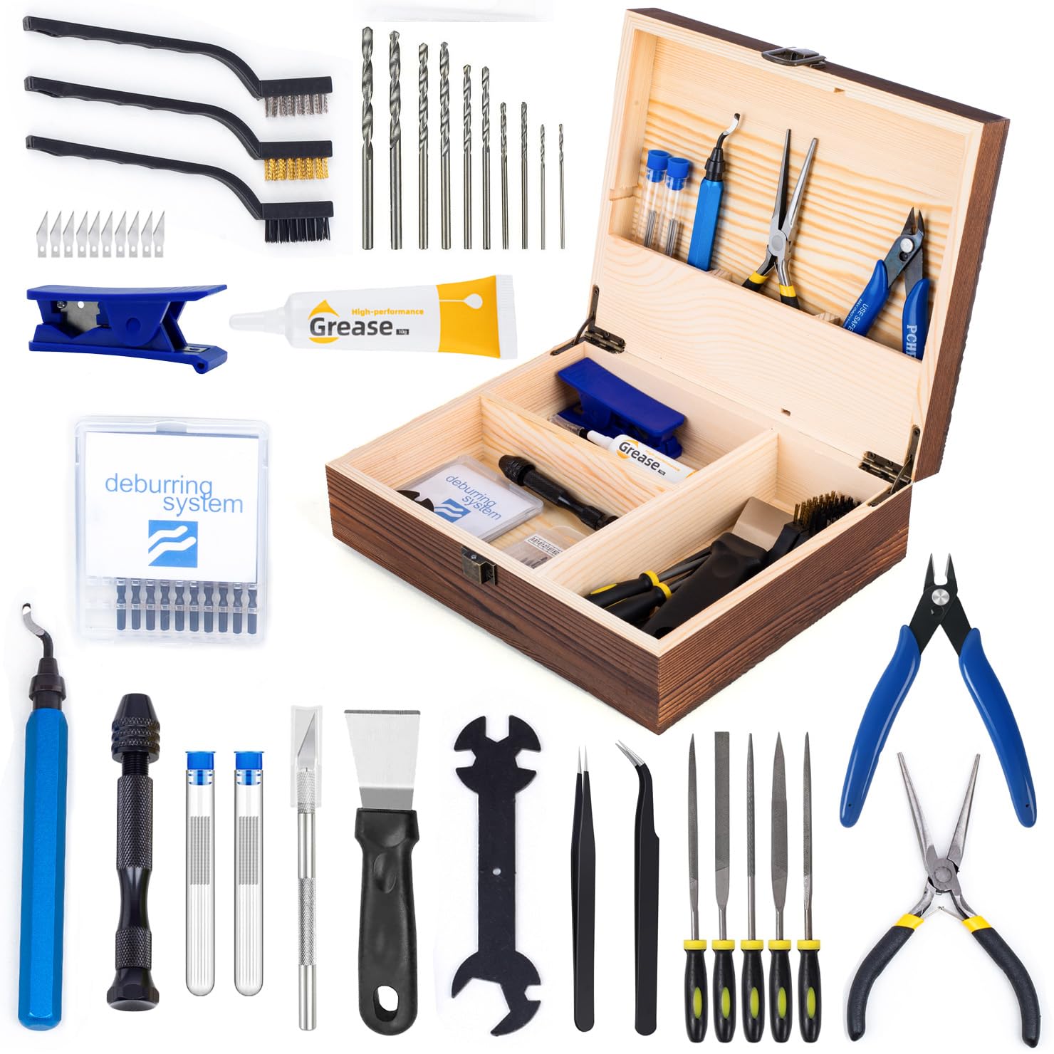 3D Printing Tool Set with Wood Box – 3D Printer Tools Features a deburring Tool, Wire Cutter, Drill, and Scraper for