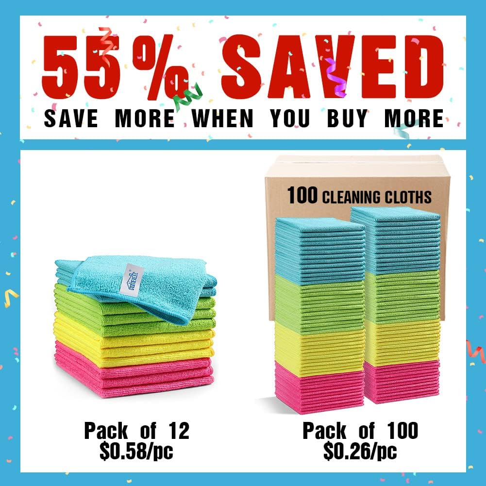 Microfiber Cleaning Cloth,100 Pack Cleaning Rags, Cleaning Towels with 4 Color Assorted, 11.5"X11.5" Shop Towels