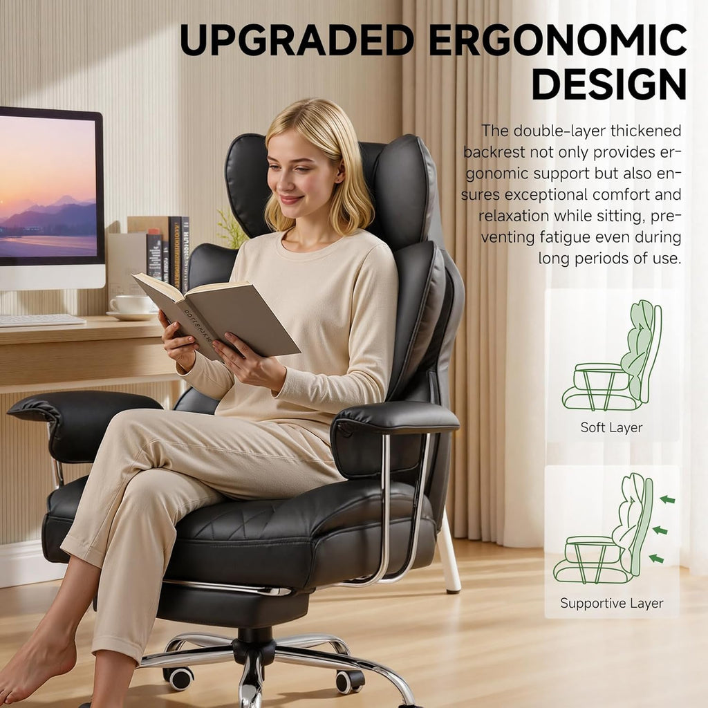 Big and Tall Office Chair, High Back Leather Gaming Chair with Footrest, Executive Ergonomic Office Chair with Pocket