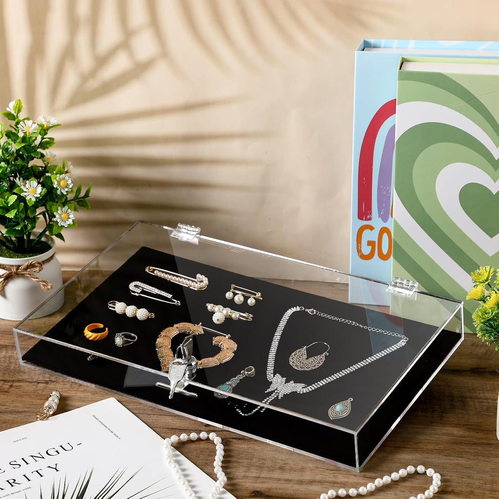 2 Pcs Acrylic Locking Jewelry Display Case Clear Ring Earring Necklace Bracelet Security Showcase with Lock and Key