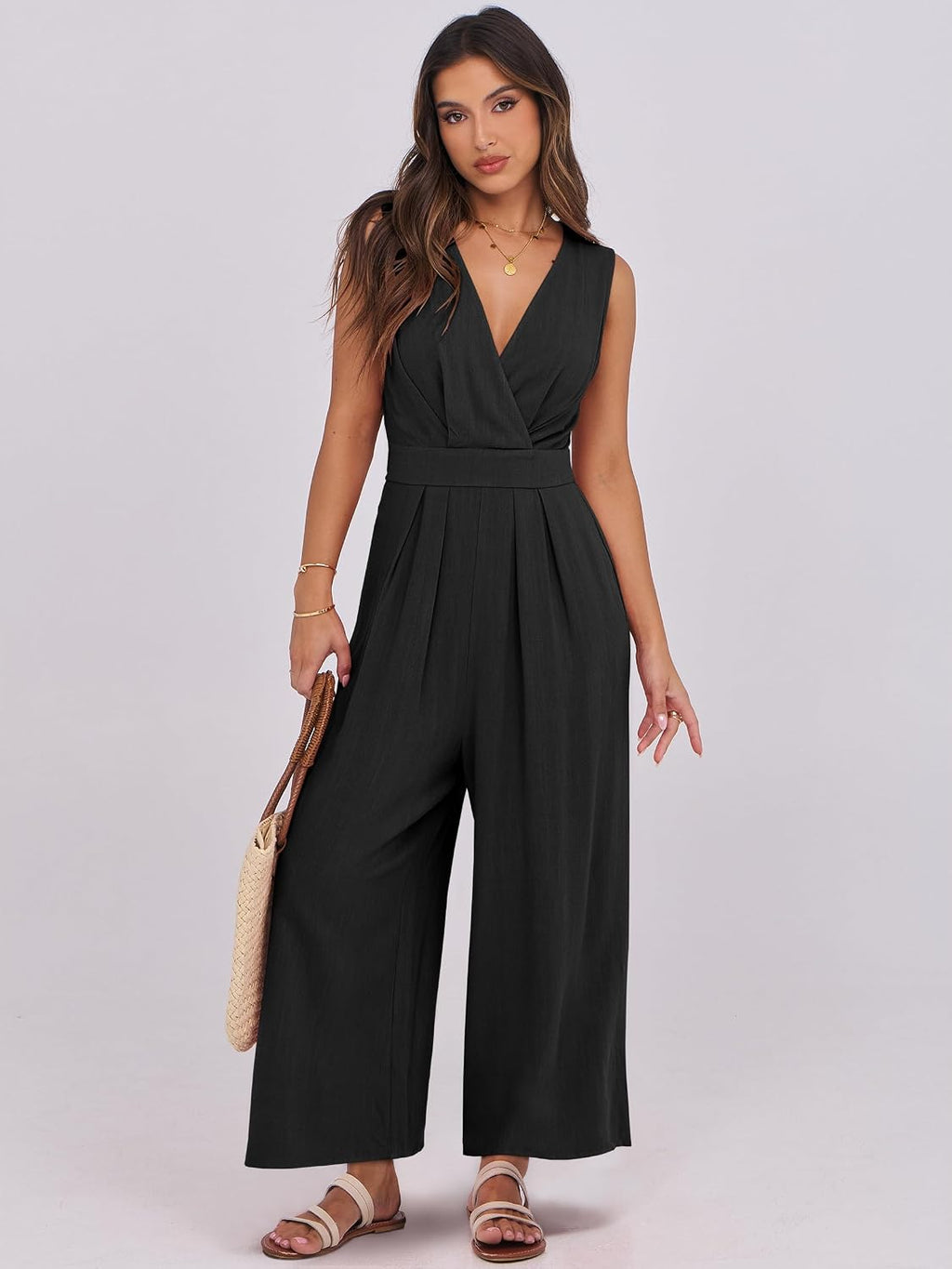 Women's Linen Sleeveless Wrap Jumpsuits