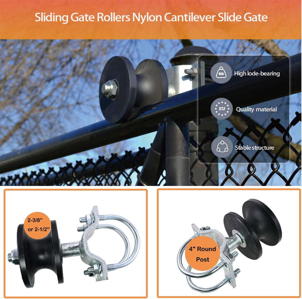Sliding gate Rollers,Cantilever Gate Rollers,Nylon Gate Rollers for 4" Round Post,2-3/8" or 2-1/2" Chain Link Fence Gate Frames -Pack of 2