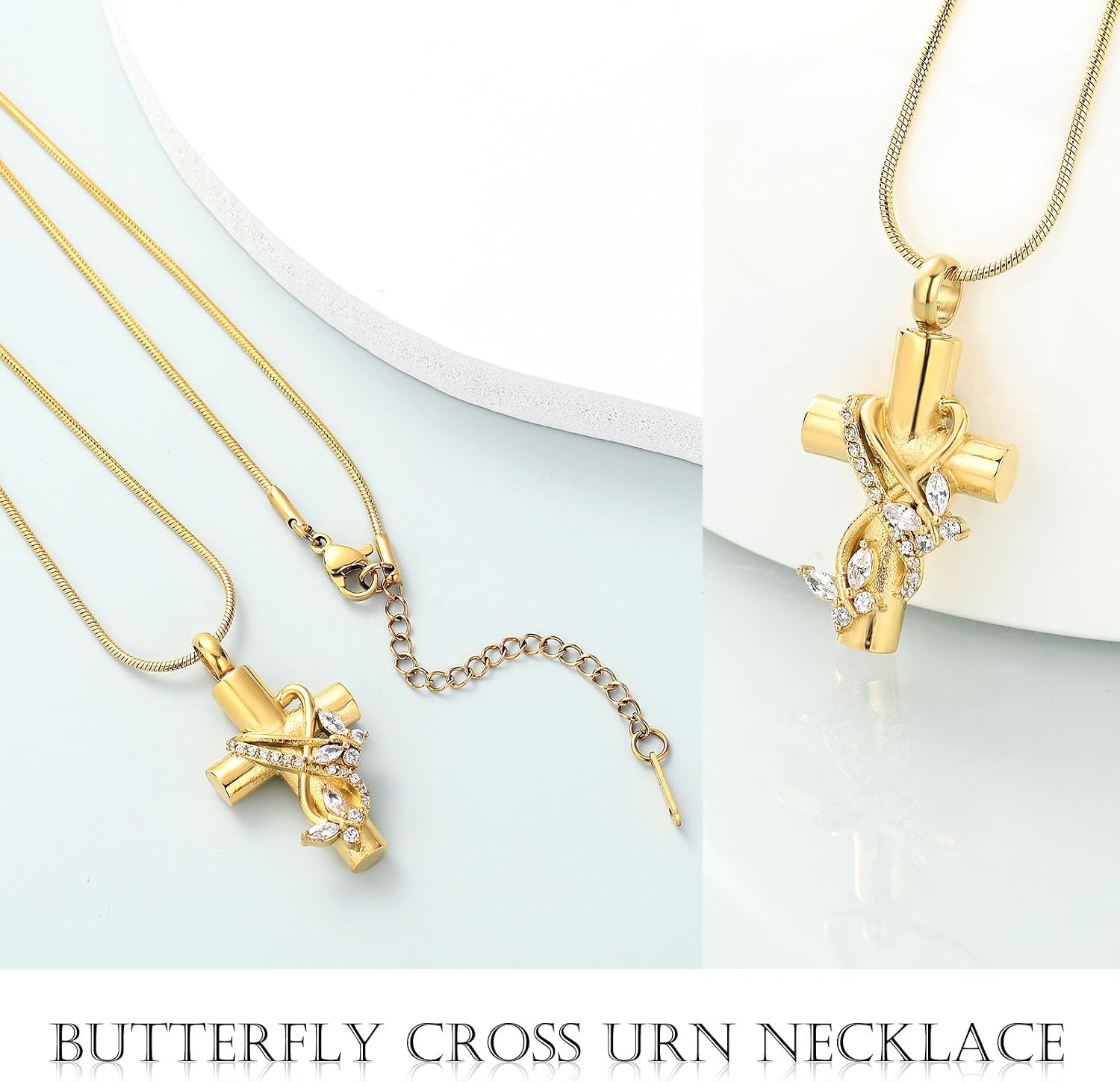 Butterfly Cross Urn Necklace for Ashes Men Women Cremation Jewelry Ashes Pendant for Human Memorial Ash Jewelry