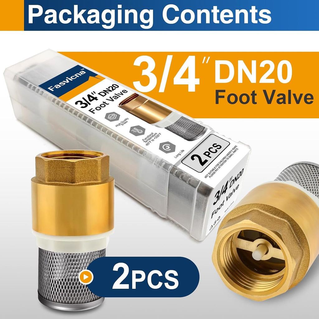 2 Pack 3/4" DN20 Brass Foot Valve with Strainer, Check Valve