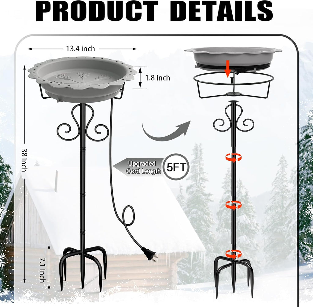 Heated Bird Baths for Outdoors, 100W Heated Birdbath Outside Winter, Gray