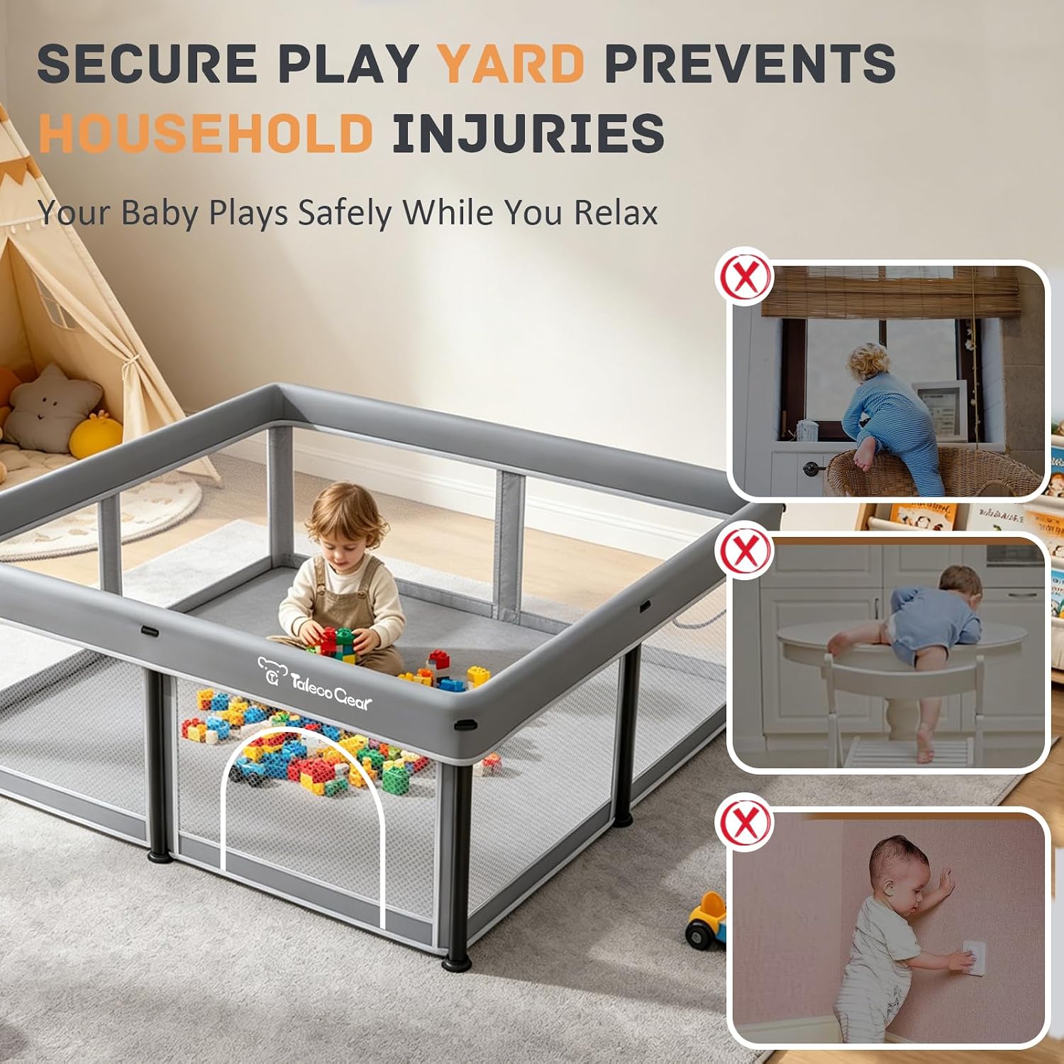 Foldable Baby Playpen with Mat, 50"×50" Collapsible Play Pen for Babies and Toddlers, Indoor & Outdoor Kids Safety
