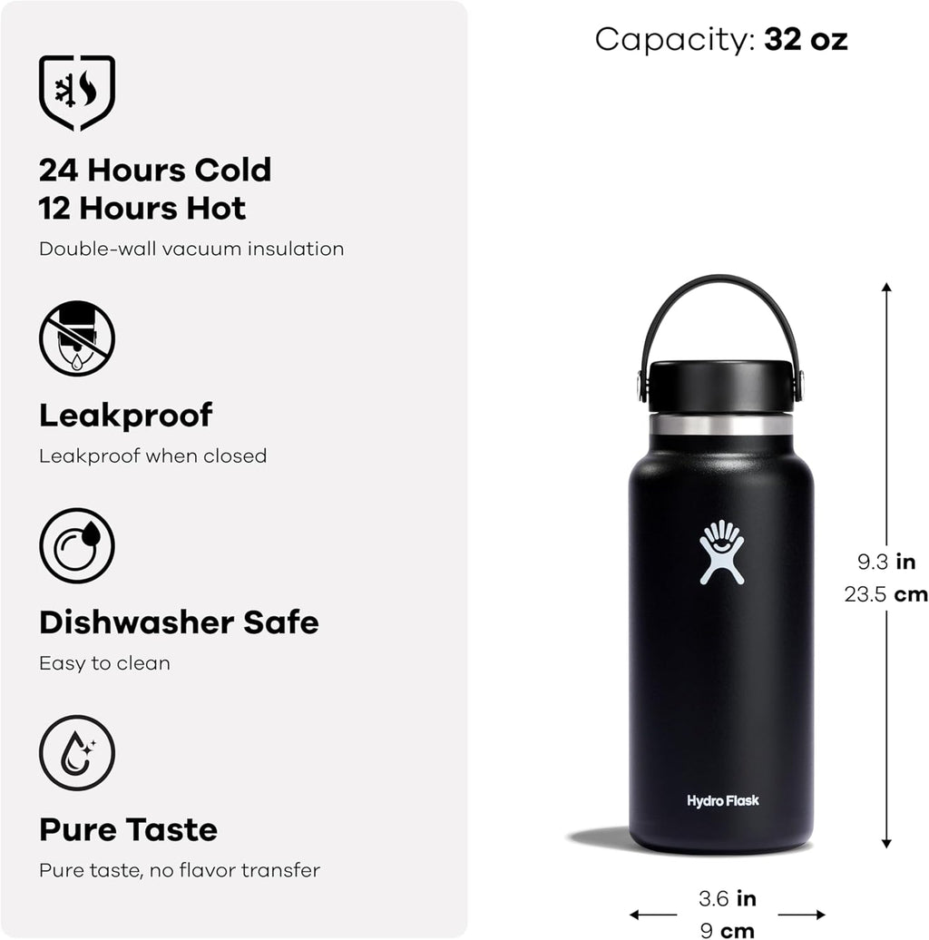 Water Bottle - Insulated Stainless Steel - Wide Mouth Flex Lid, Non Spill, Leakproof and Refillable in 32 Oz Black