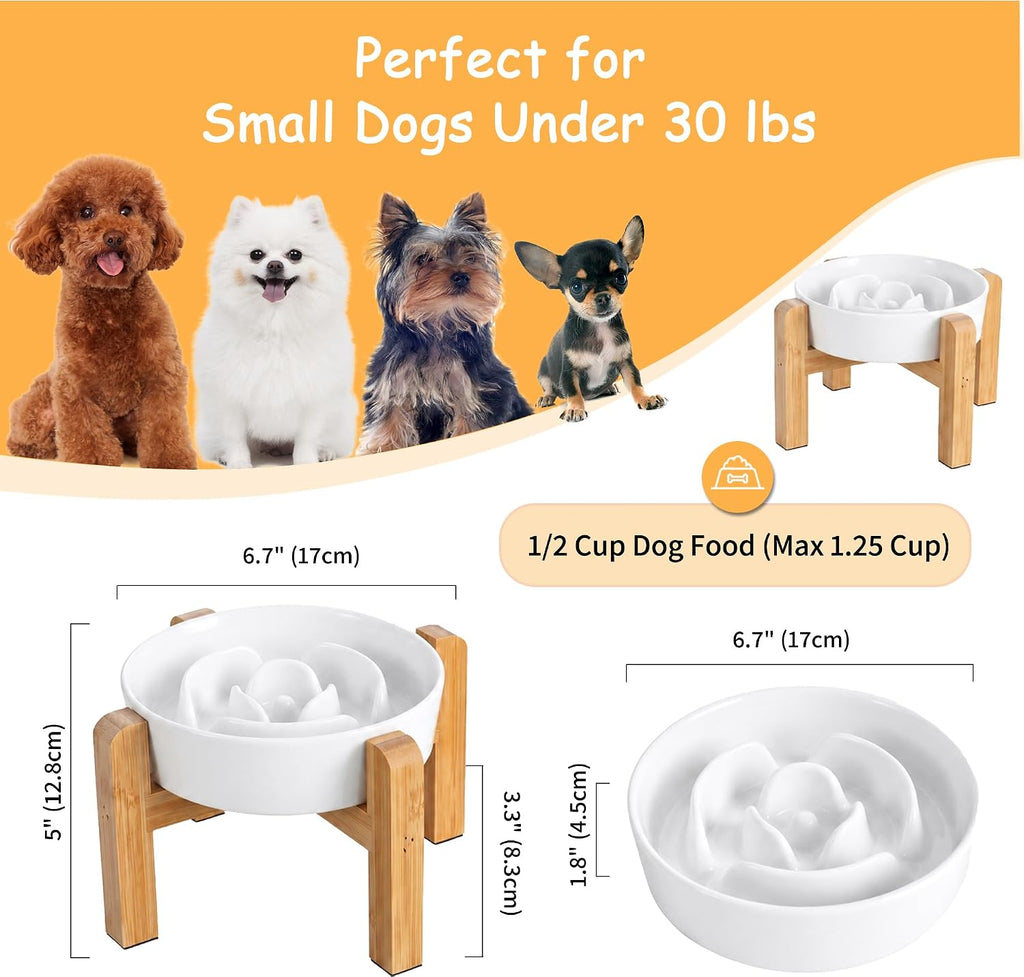 Elevated Slow Feeder Dog Bowl - Ceramic Maze Food Dish with Bamboo Stand - Raised Feeding Bowl for Fast Eaters
