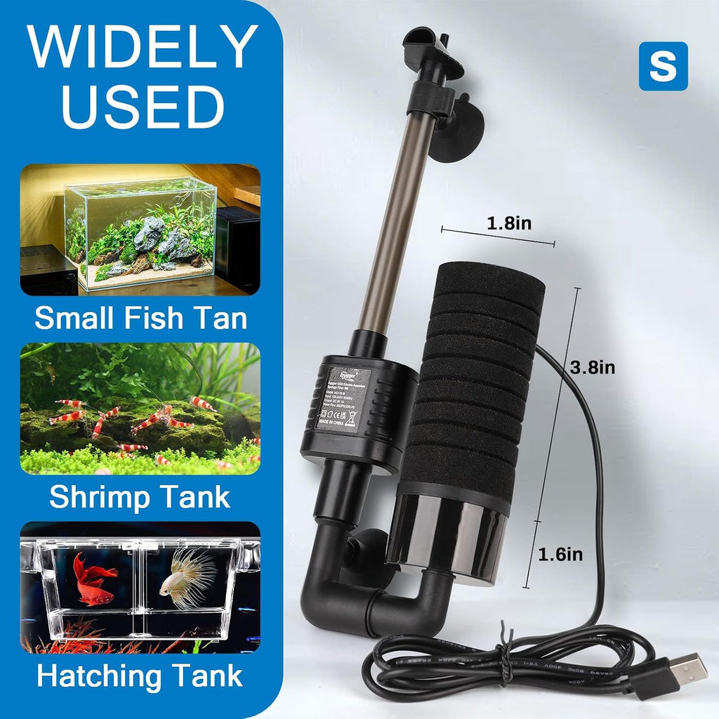 USB Single Sponge Filter, Small Aquarium Filter with Adjustable Hanging Clip and Suction Cup, Duckbill Outlet, Rain