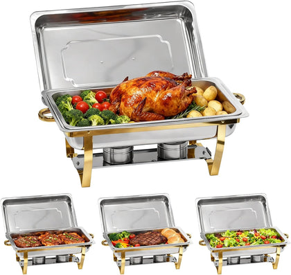 9Qt Chafing Dishes for Buffet, 4 Pack Gold 304 Stainless Steel Chafing Dish Sets, Food Warmers for Parties