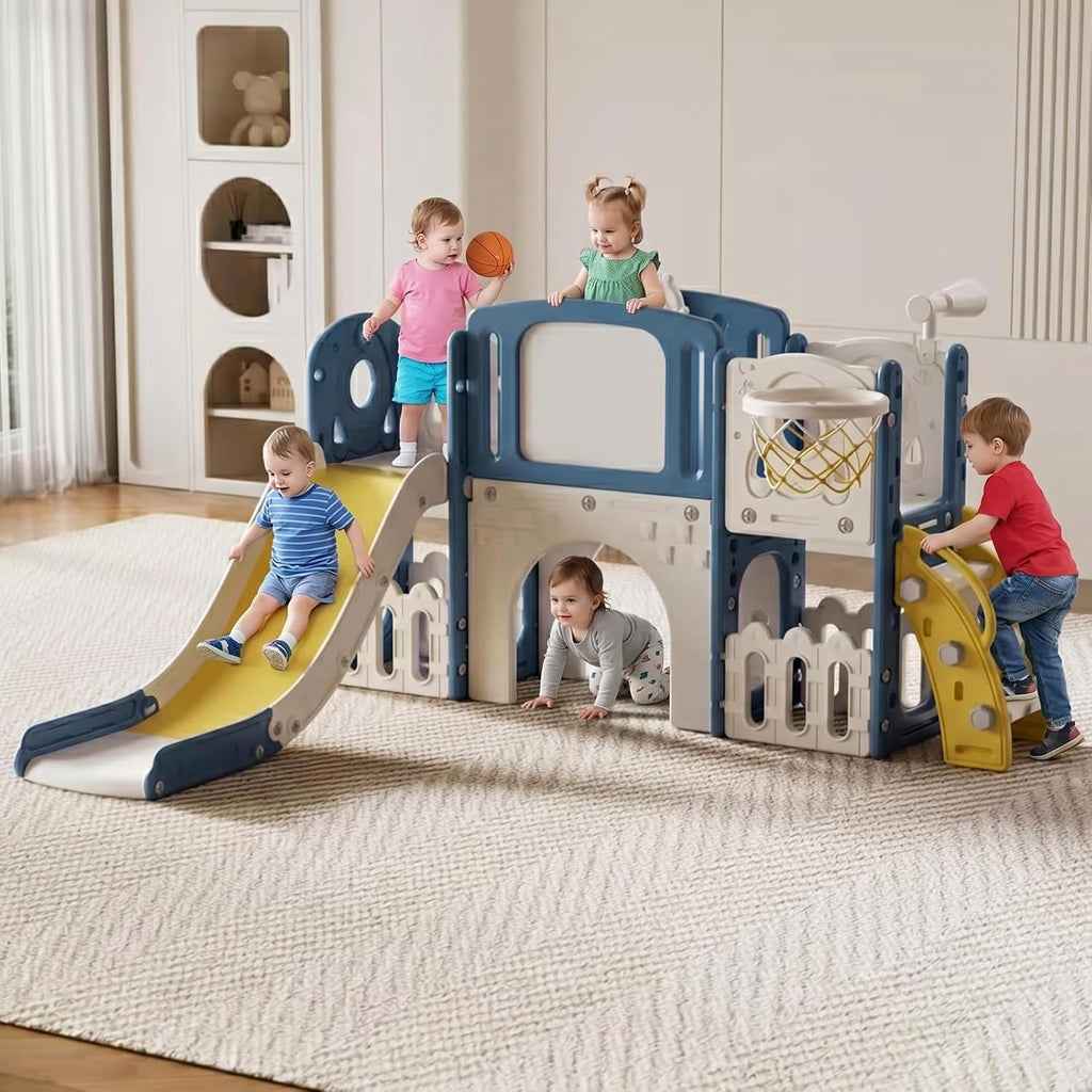 Toddler Slide Set, Kids Slide for Toddlers Age 1+, Kid Playground Play Set, Long Climber Slides with Basketball Hoop