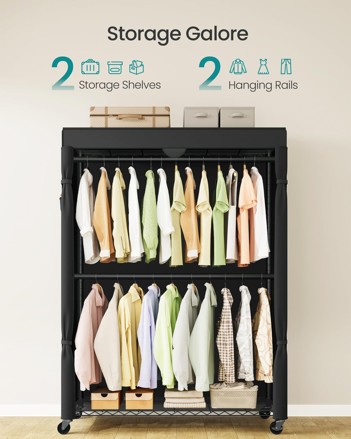 Heavy-Duty Clothes Rack, Portable Closet on Wheels, Fabric Cover