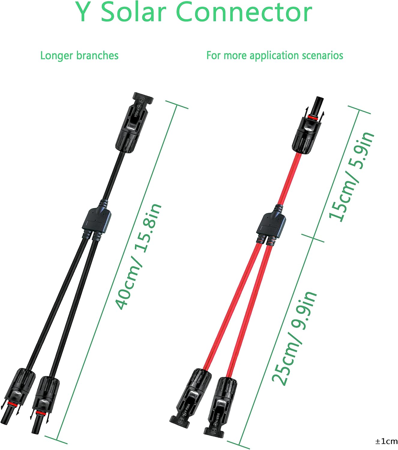 Y Solar Connector 1 to 2 Solar Y Branch Connector Adapter | 1 Pair with 10AWG 45A Waterproof IP68 40cm Male Female