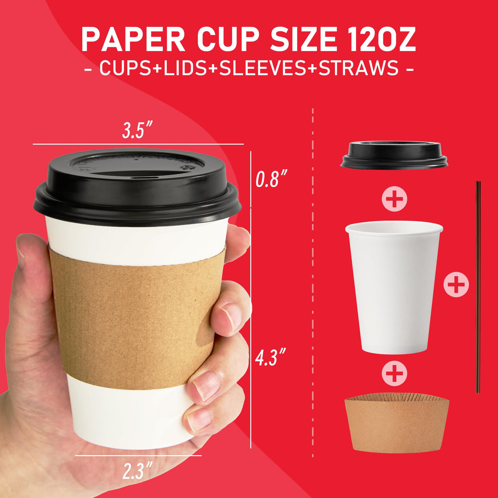12 oz Paper Coffee Cups with Lids, Sleeves and Sticks 100 Pack