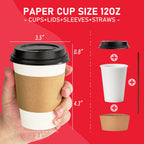 12 oz Paper Coffee Cups with Lids, Sleeves and Sticks 100 Pack