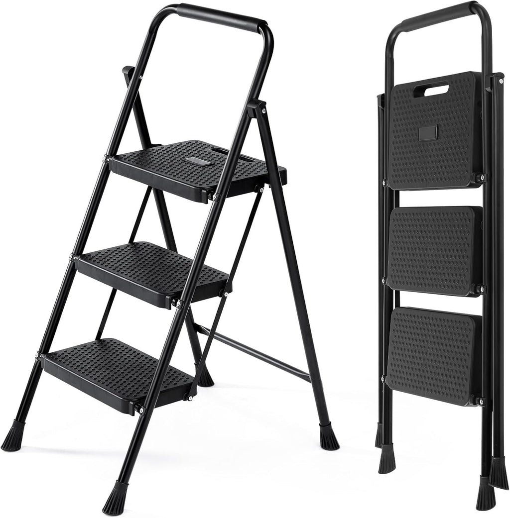 Step Ladder, 3 Step Stool Foldable with Anti-Slip Pedal & Comfortable Handrail, 800lbs Capacity Sturdy Steel Ladder