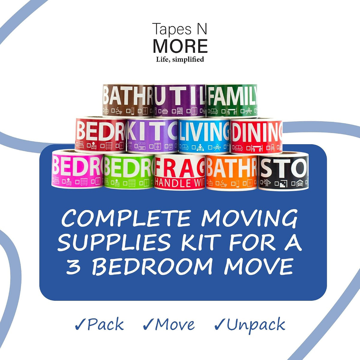 600 Home Moving Labels for 3 Bedroom House — 12 Color-Coded Room Labels (50 Each) + Fragile Stickers for Moving