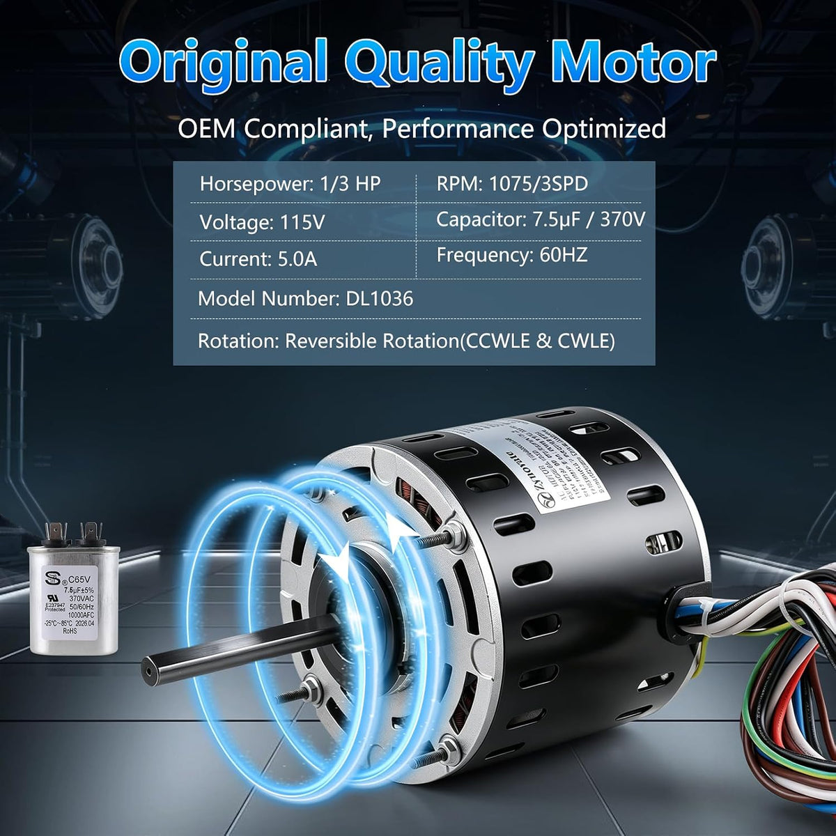 DL1036 Blower Fan Motor 1/3 HP 1075 RPM 3 Speed 115V 5.0A 48 Frame Motor
