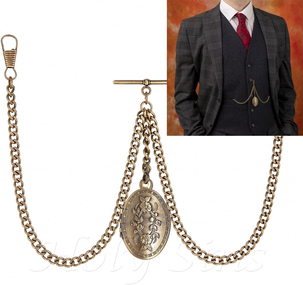 Vintage-Inspired 14" Bronze Pocket Watch Chain with Photo Locket Pendant | Elegant Double Albert T-Bar Design | Men's