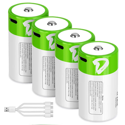 D Batteries Rechargeable 4 Pack with4 in 1 USBC Charging Cable D Size Cell Lithium Batteries 7400mWh 1.5V for
