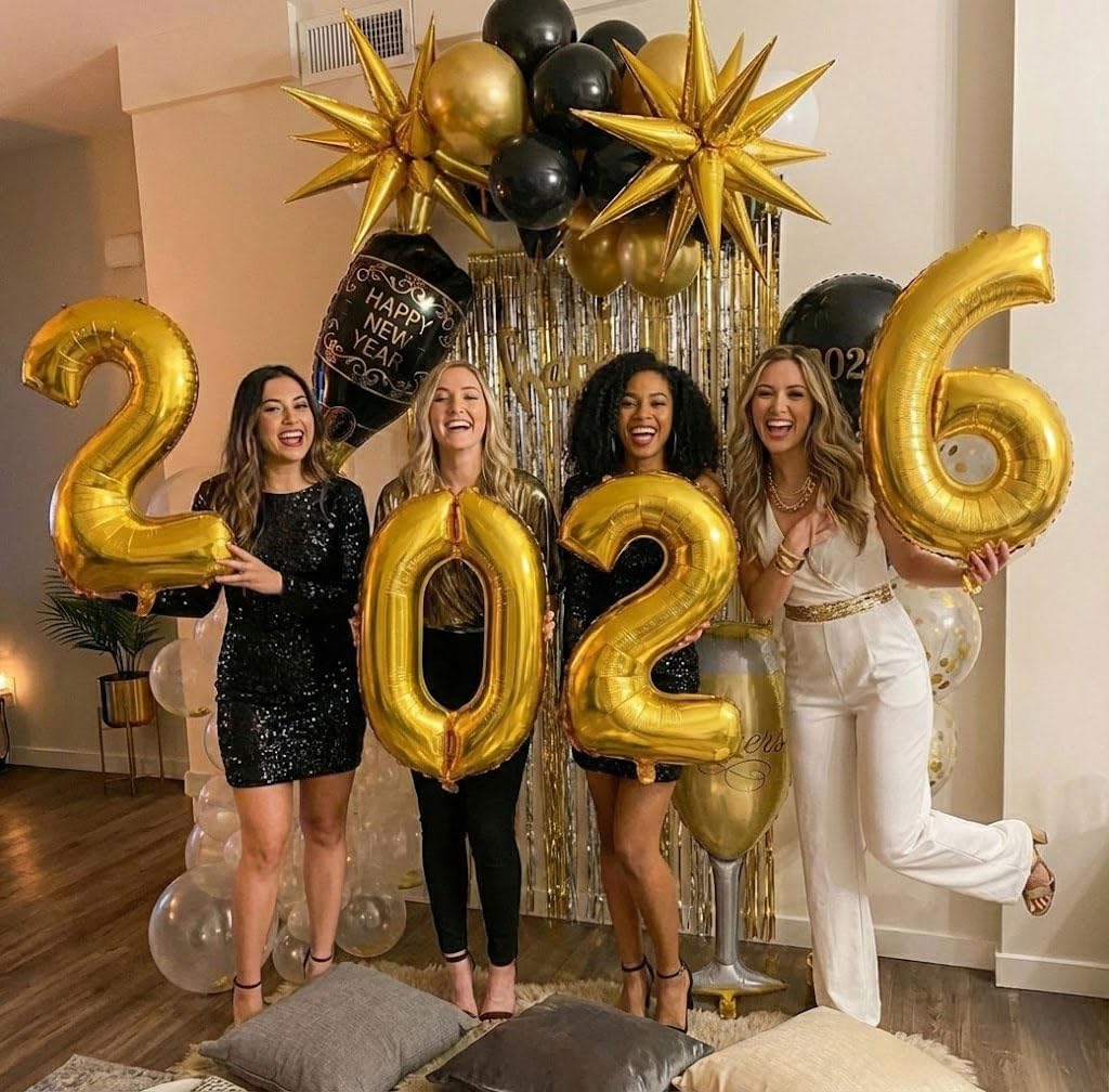 Happy New Year Eve Party Decoration Supplies 2026 New Years Eve Black and Gold Balloon Garland Arch Kit Champagne