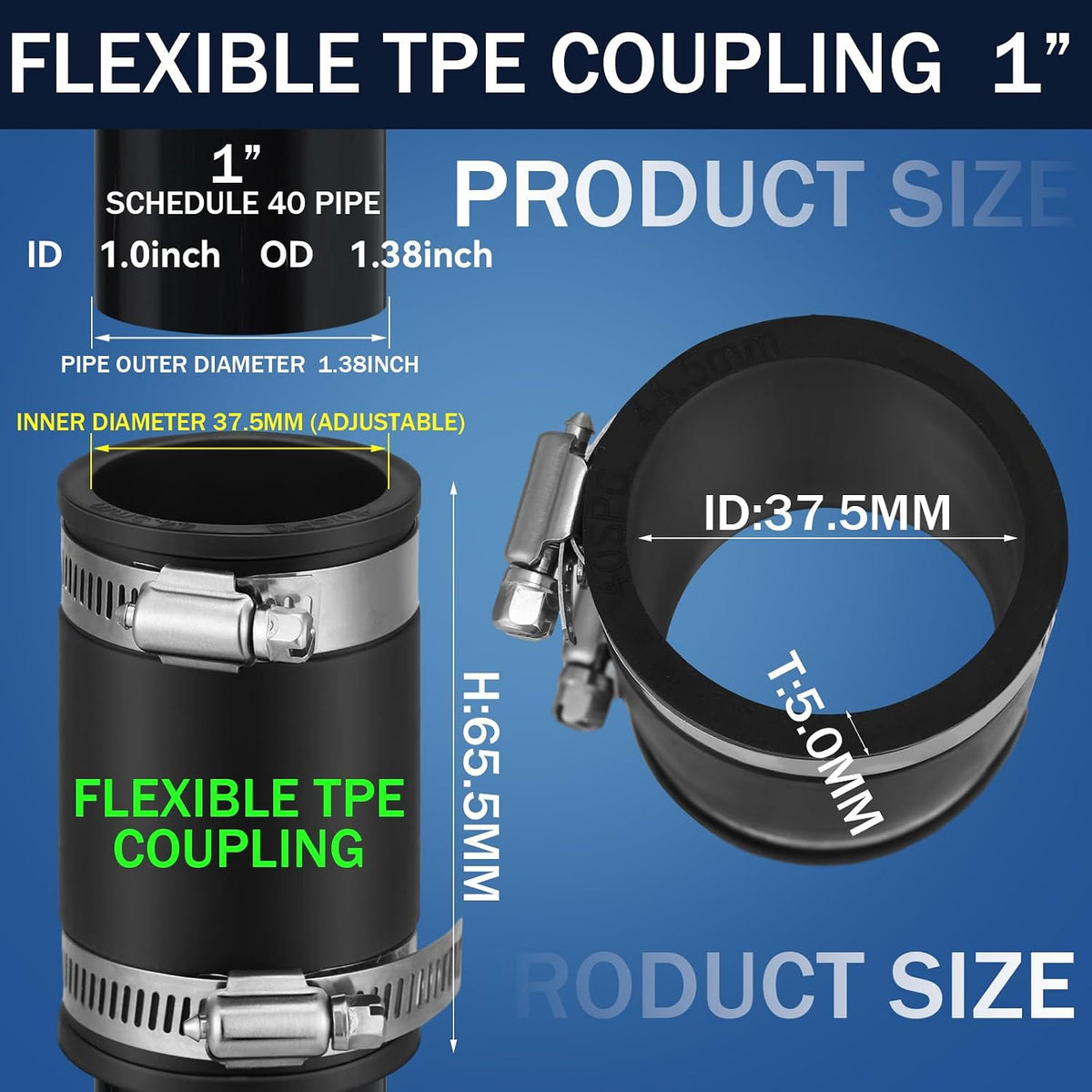 2 Pcs 1 Inch Flexible TPE Coupling with Stainless Steel Clamps