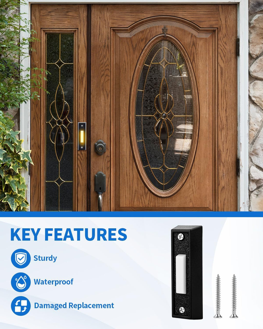 Lighted Doorbell Button, Wired Door Bell Push Button Replacement Door Bell Push Buttons LED Door Chime Wall Mounted