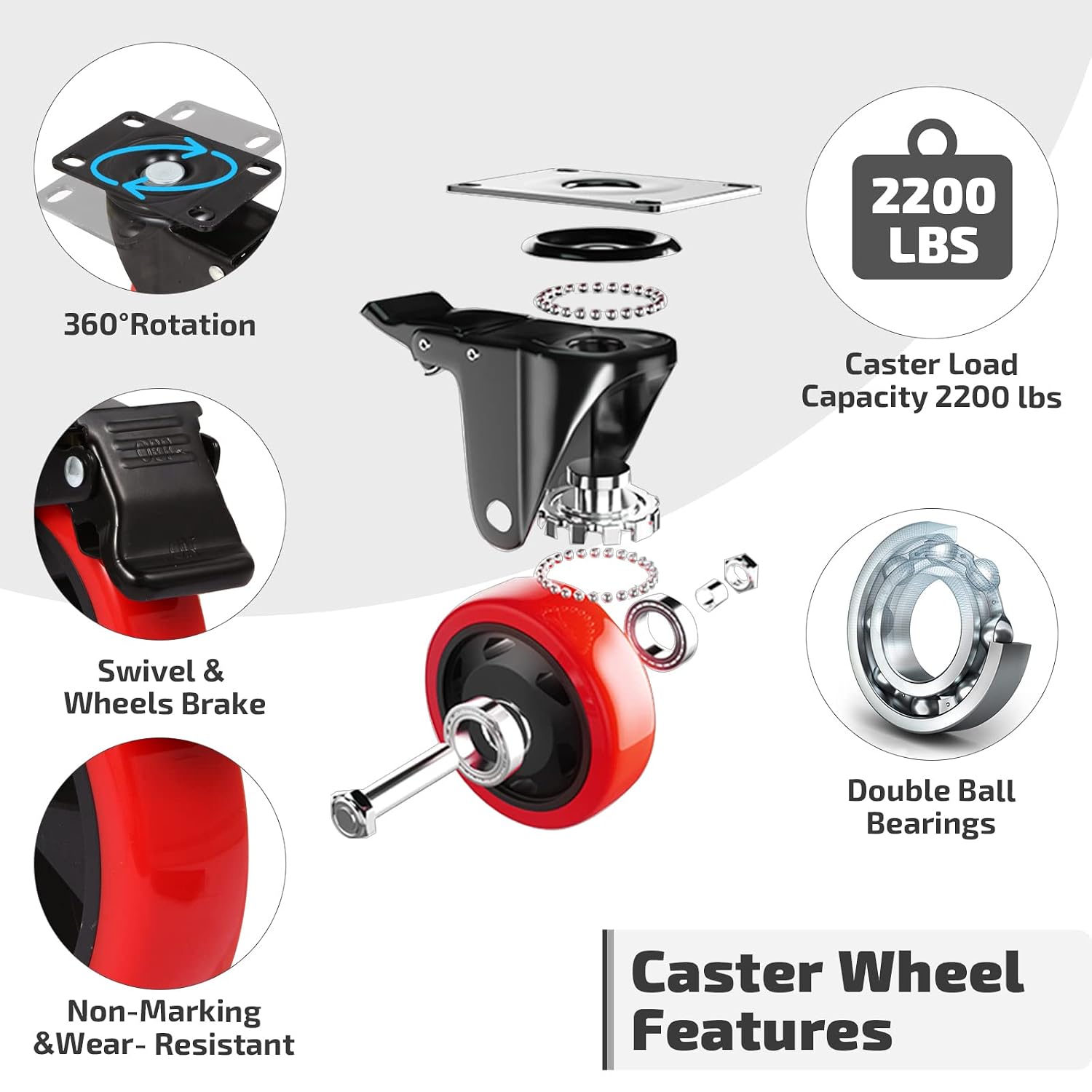 Swivel Caster Wheel for Cart, 5 Inch Industrial Casters Set of 4 - Heavy Duty Top Plate Casters with Brake 2200 Lbs