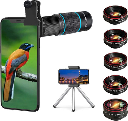 Phone Camera Lens Kit 10 in 1 for iPhone Samsung Pixel Android, 22X Telephoto Lens, 0.62X Super Wide Angle Lens&25X